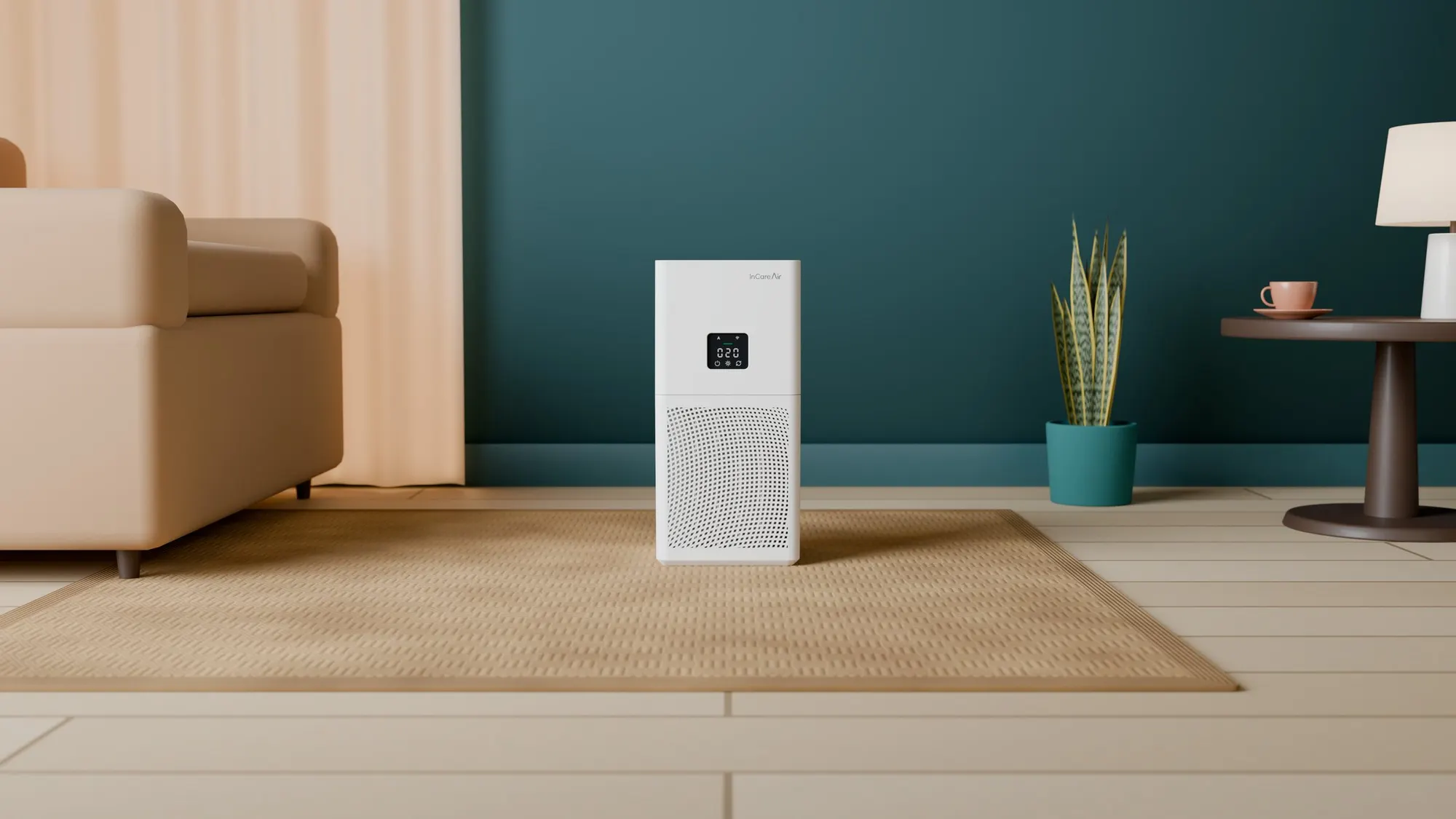 InCare Air purifier standing in a bright living room