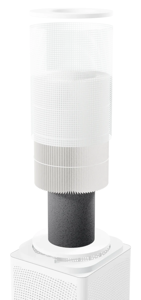 InCare Air’s filter stack pulled apart: pre-filter mesh, H13 HEPA filter and activated carbon